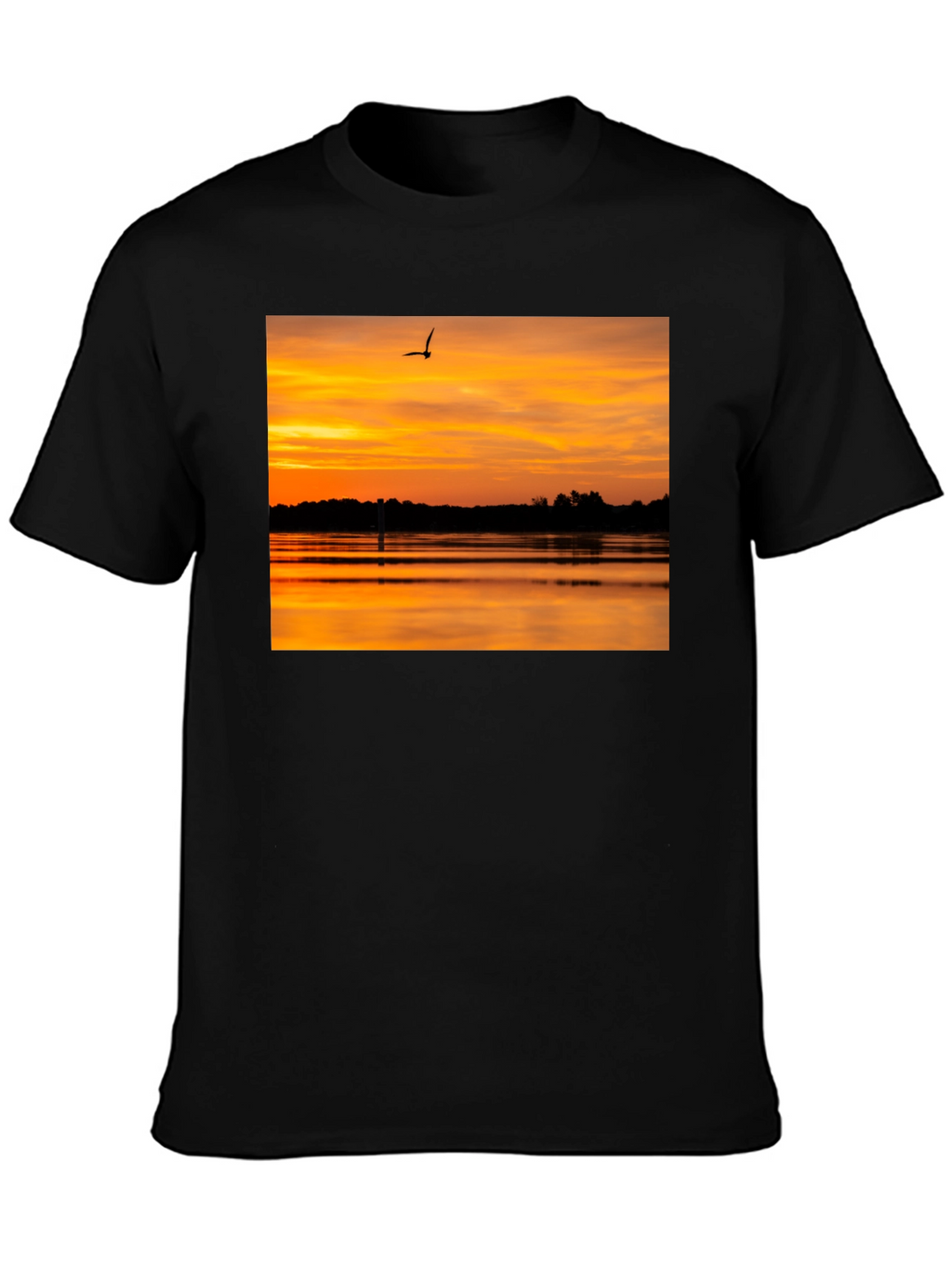 Sunset Lake Bird Black T-Shirt