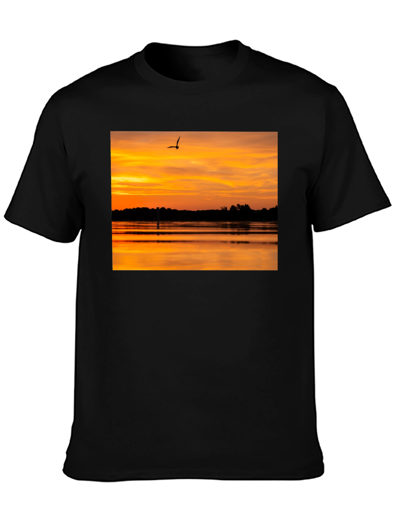 Sunset Lake Bird Black T-Shirt