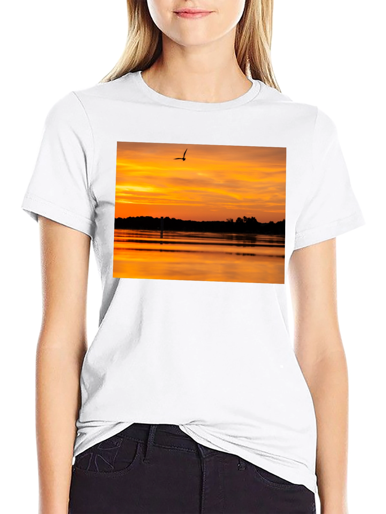 Sunset Lake Bird Black T-Shirt