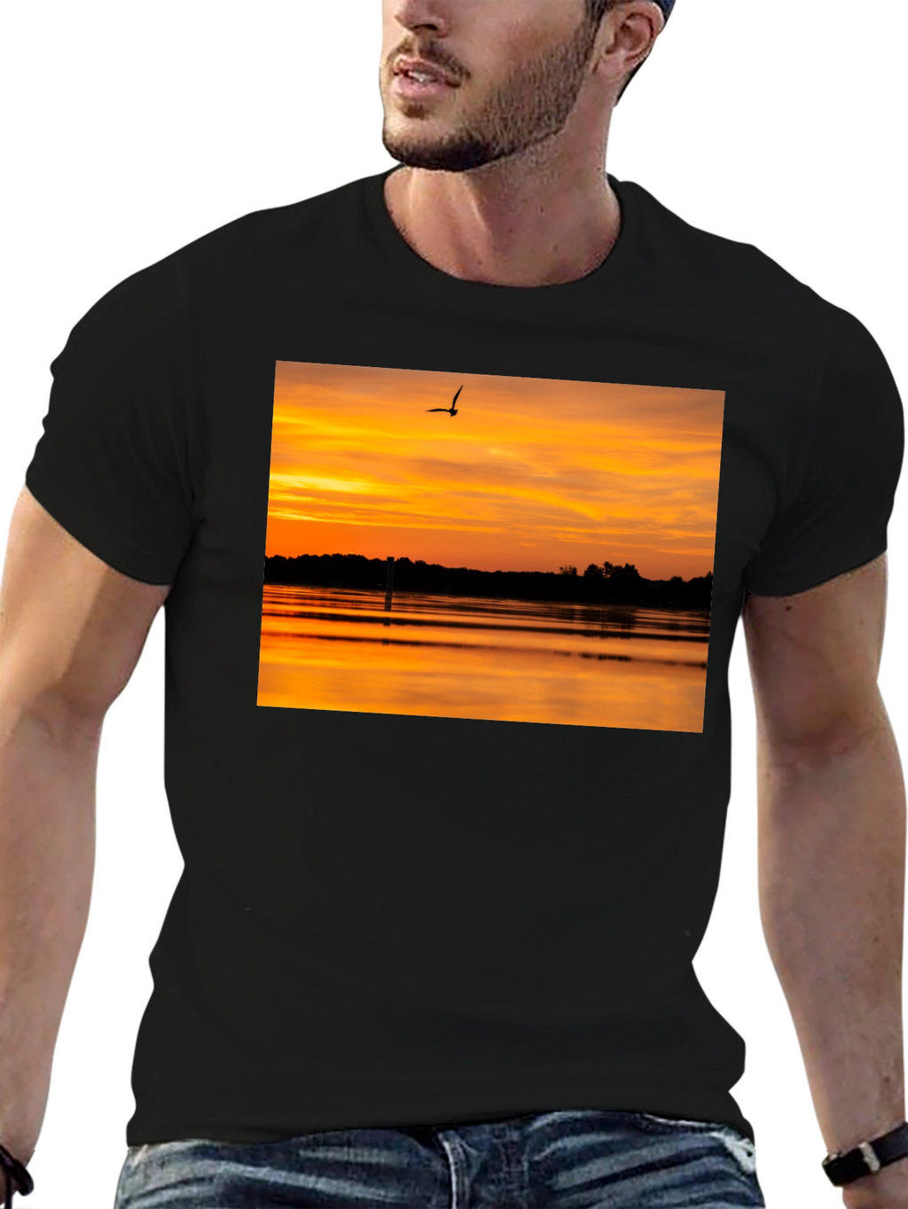 Sunset Lake Bird Black T-Shirt
