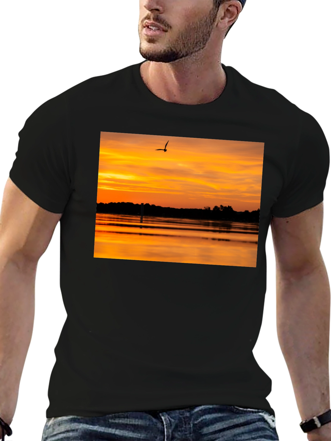 Sunset Lake Bird Black T-Shirt