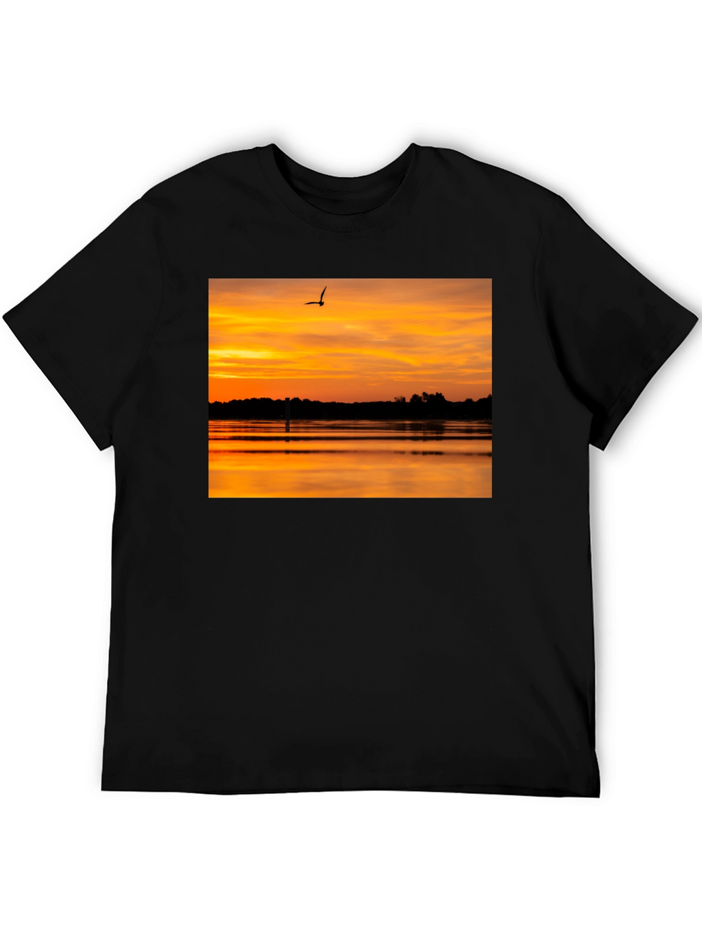 Sunset Lake Bird Black T-Shirt