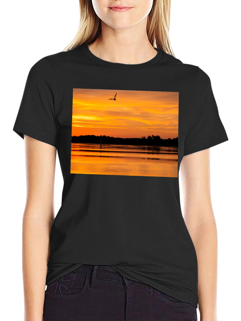 Sunset Lake Bird Black T-Shirt