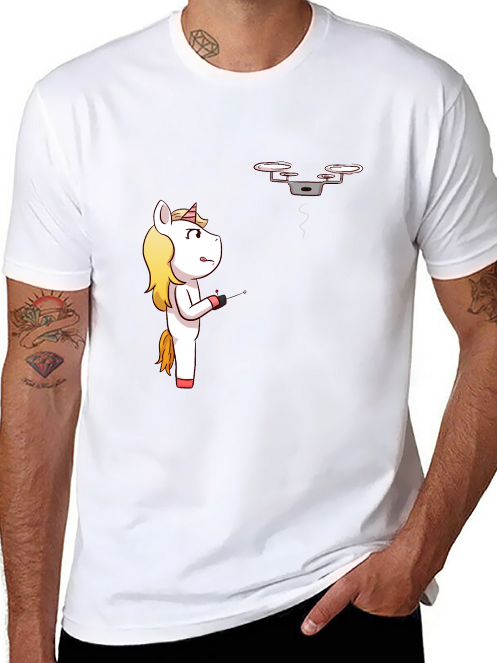 Unicorn vs. Drone Funny Graphic T-Shirt