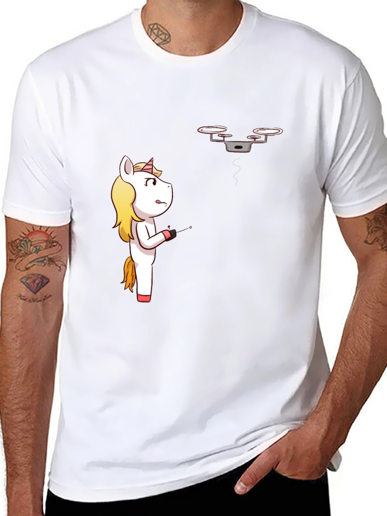 Unicorn vs. Drone Funny Graphic T-Shirt