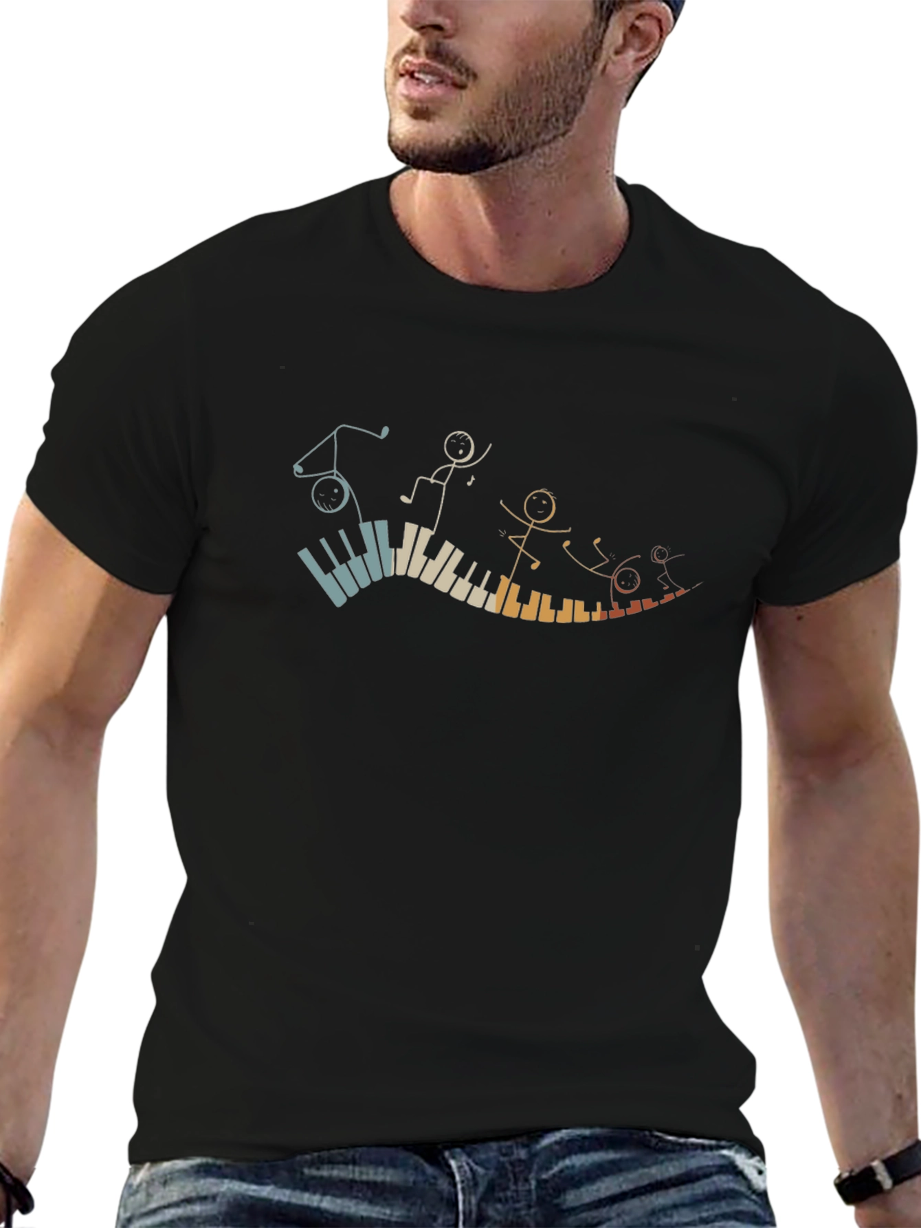 Musical Piano Stick Figures Black T-Shirt
