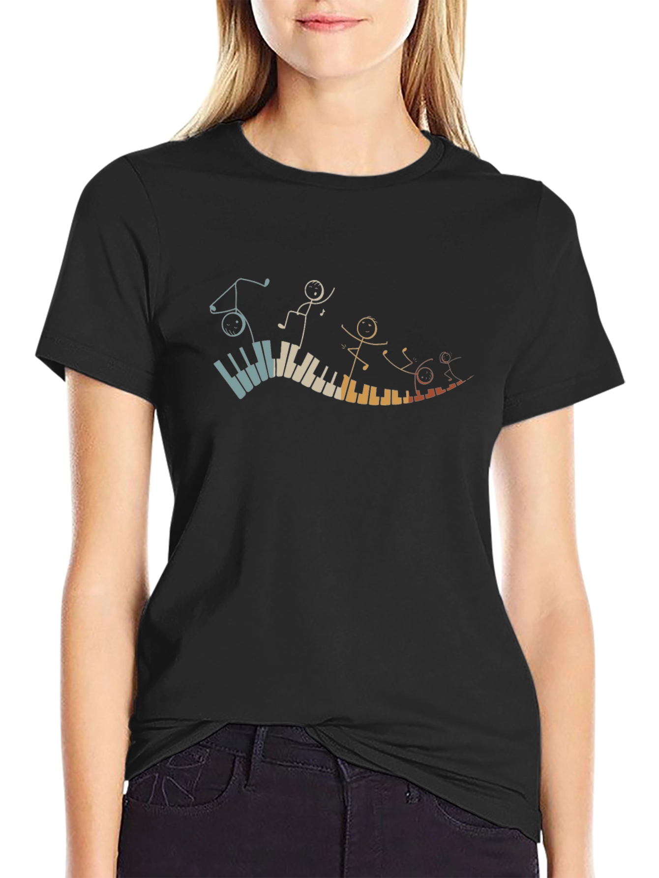 Musical Piano Stick Figures Black T-Shirt
