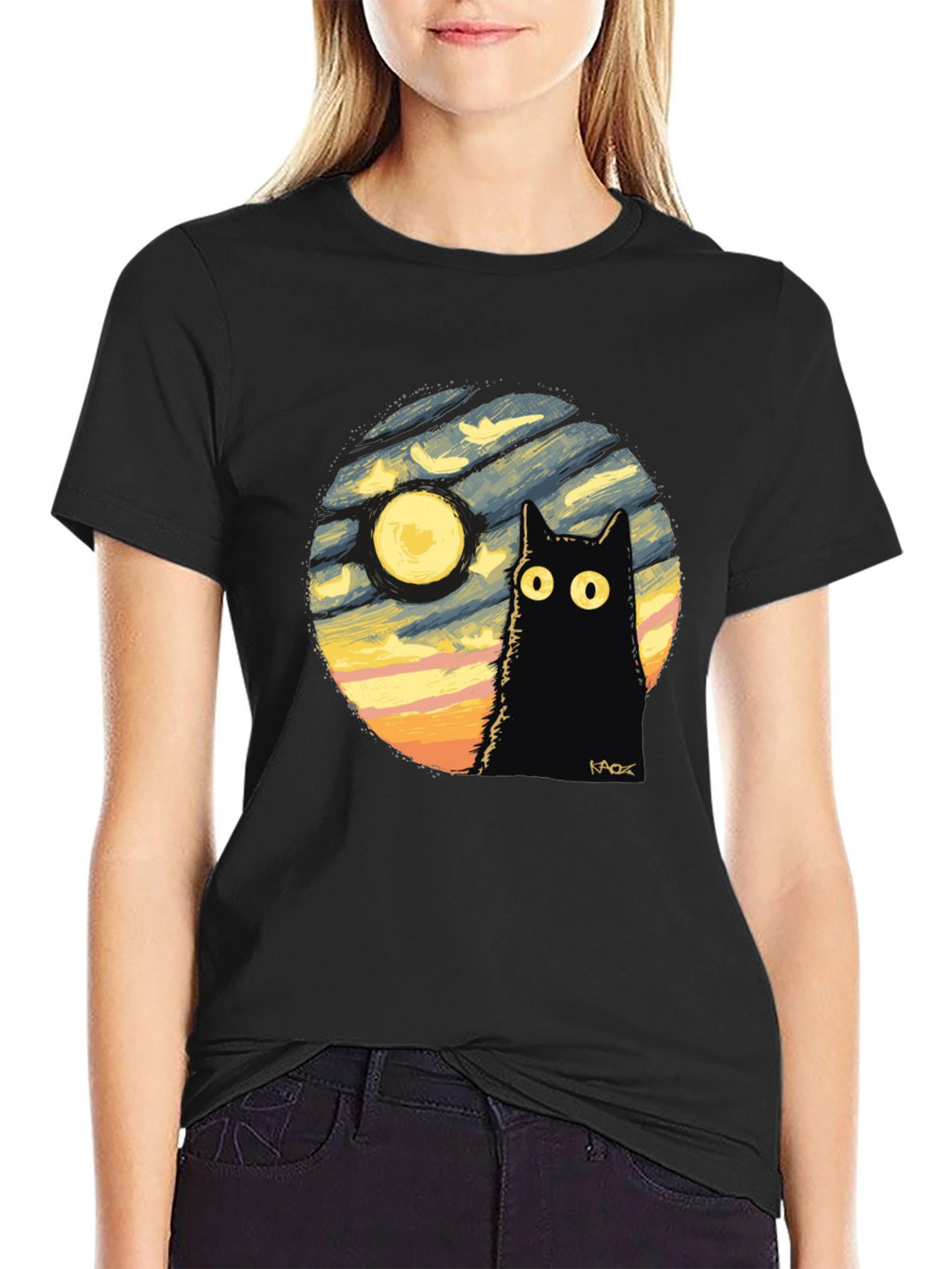 Whimsical Cat & Moon Graphic Tee