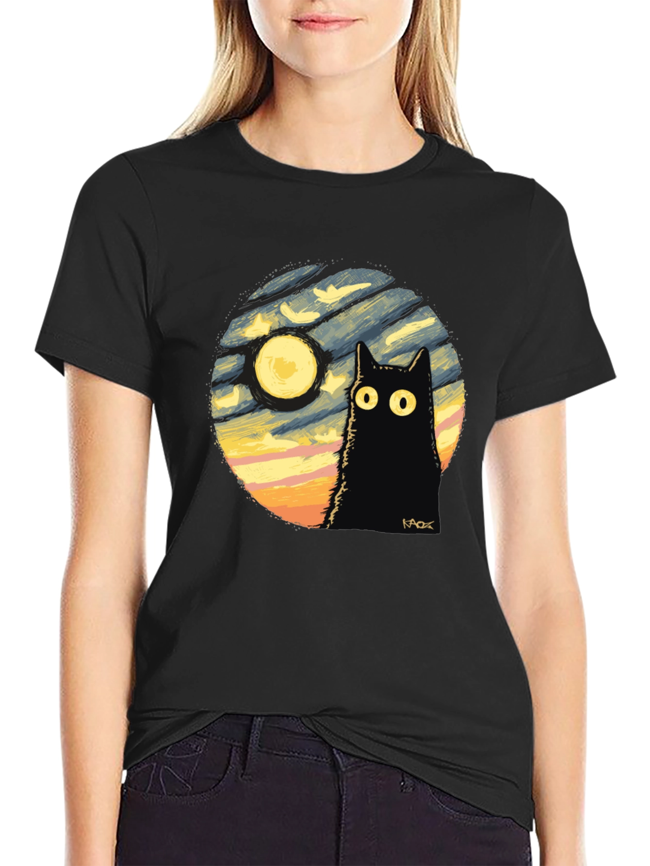 Whimsical Cat & Moon Graphic Tee
