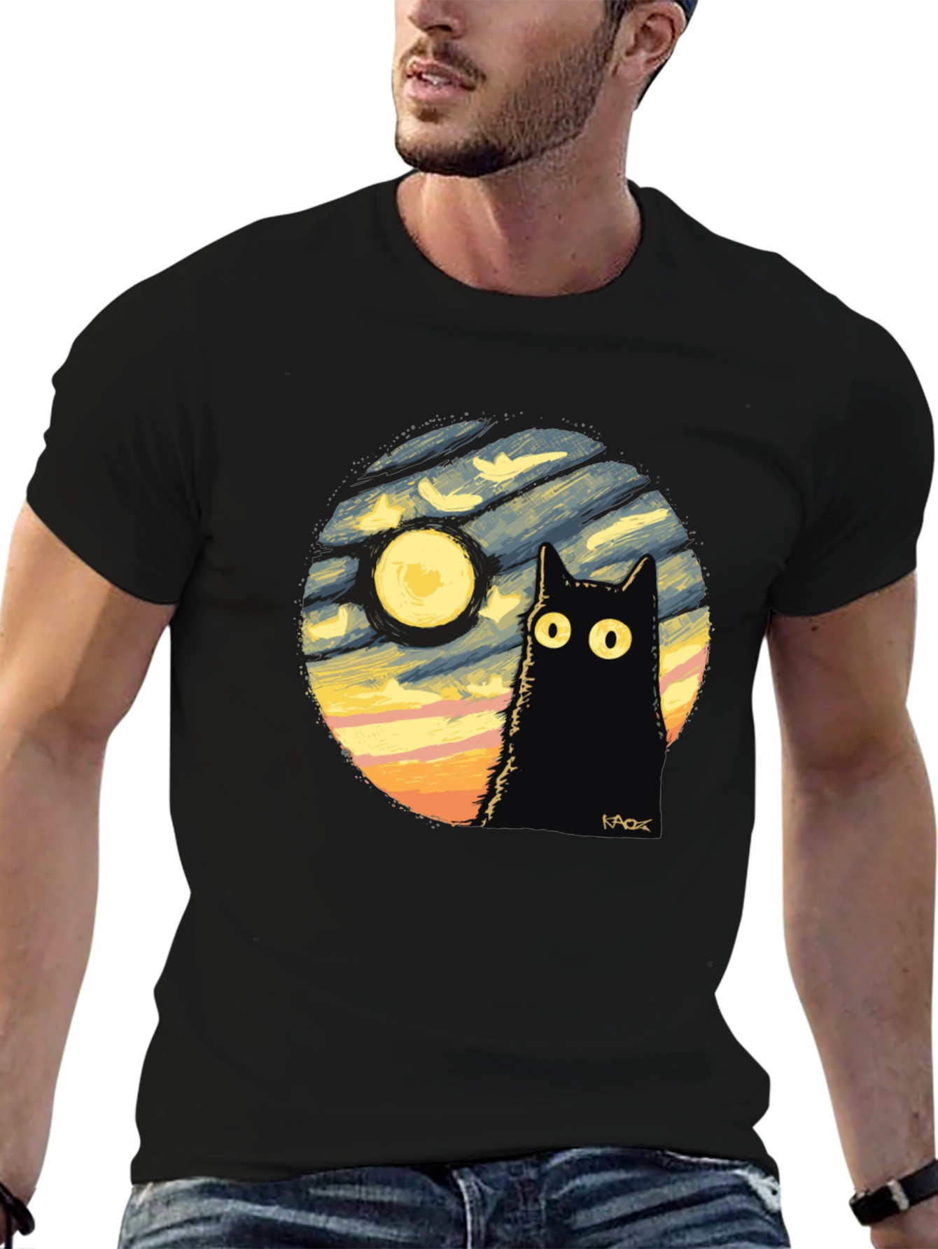 Whimsical Cat & Moon Graphic Tee