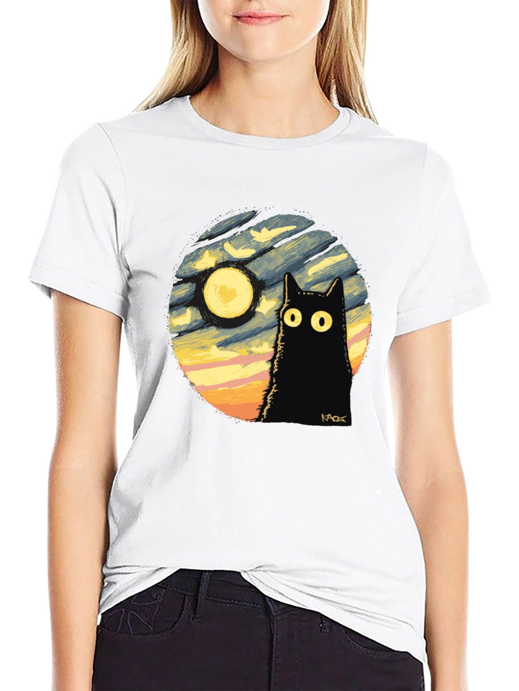 Whimsical Cat & Moon Graphic Tee