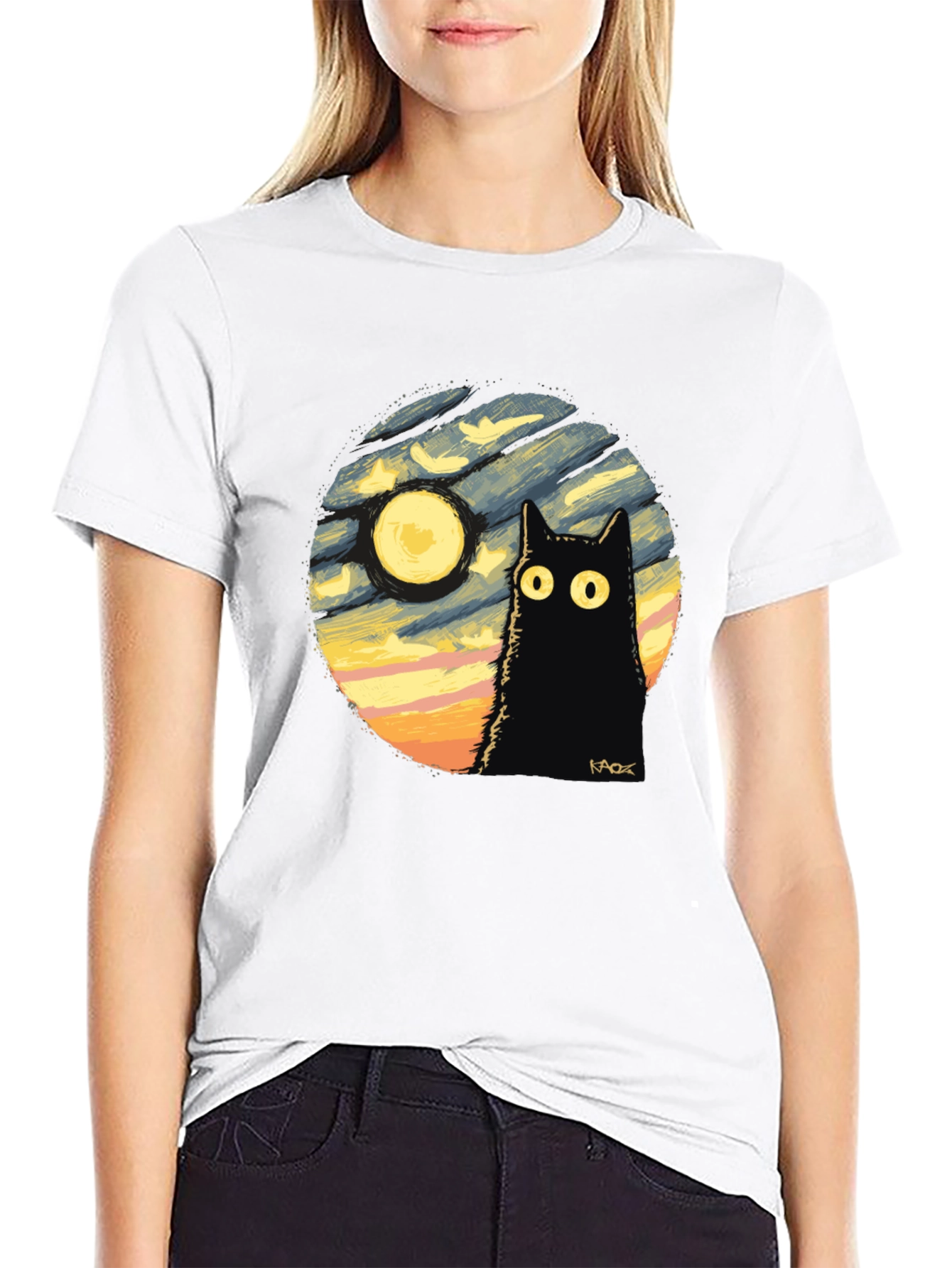 Whimsical Cat & Moon Graphic Tee