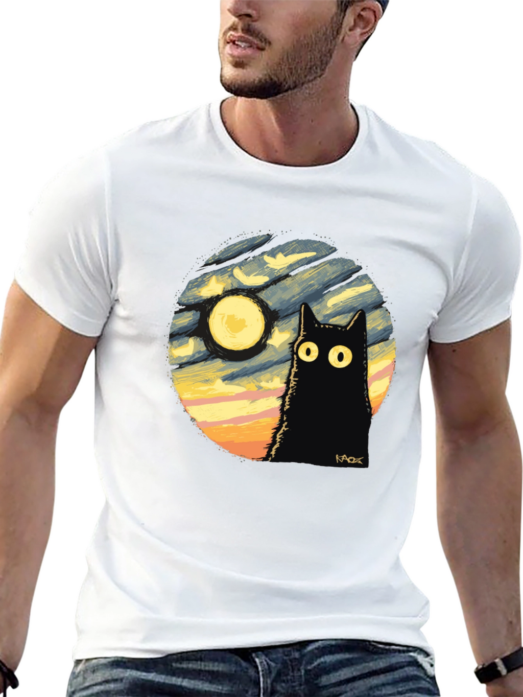 Whimsical Cat & Moon Graphic Tee