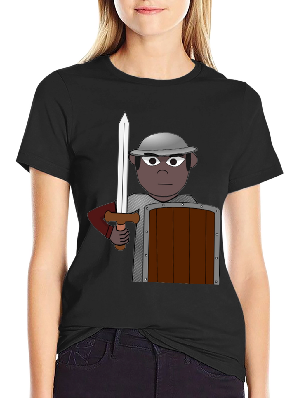 Warrior Cartoon Graphic Tee - Black Cotton Casual
