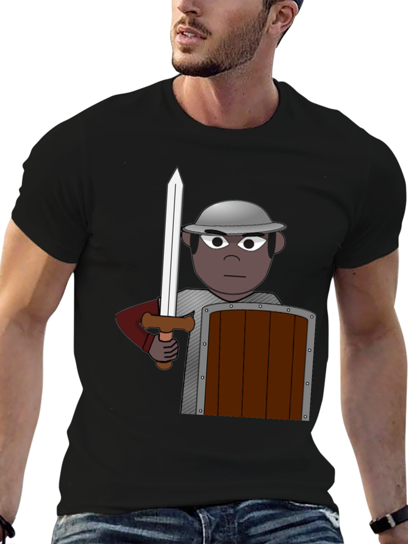 Warrior Cartoon Graphic Tee - Black Cotton Casual