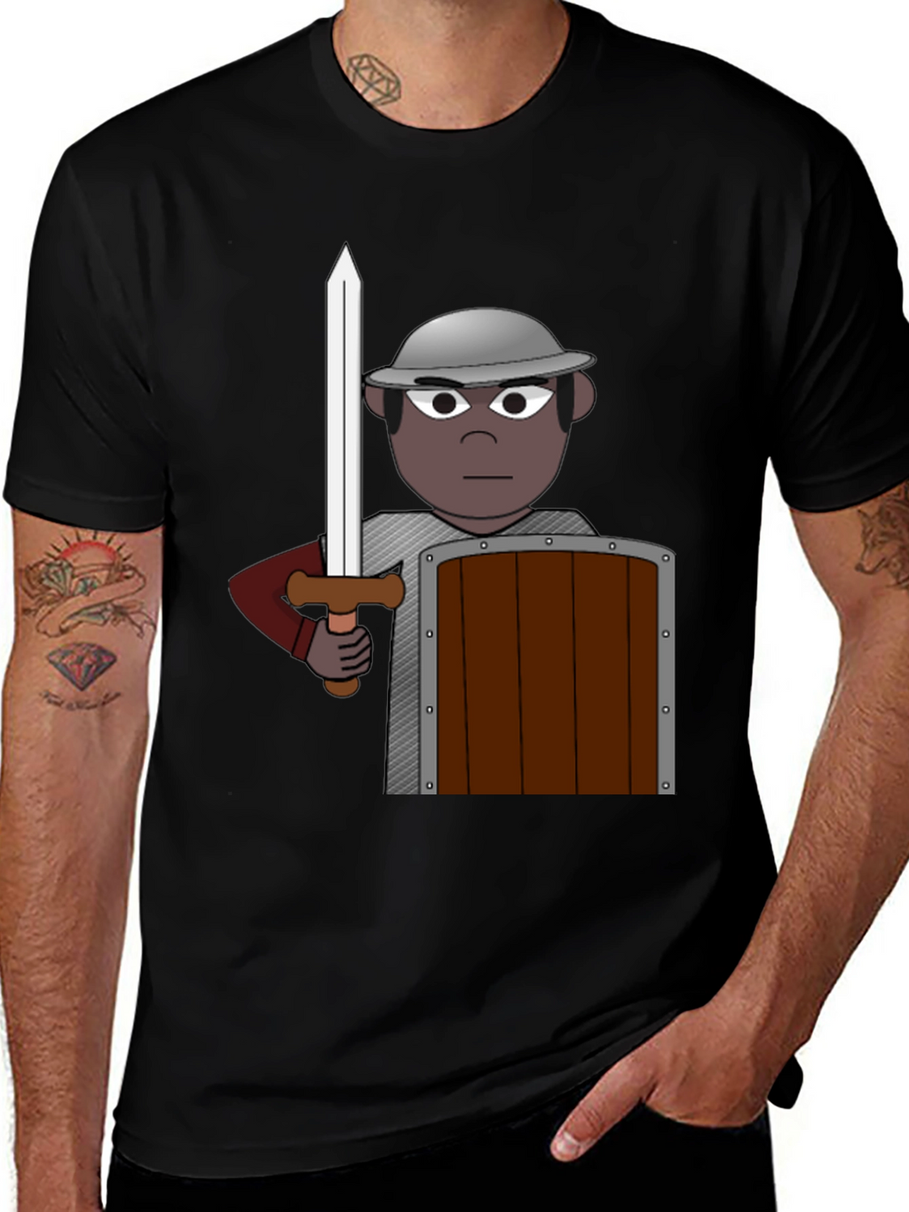 Warrior Cartoon Graphic Tee - Black Cotton Casual