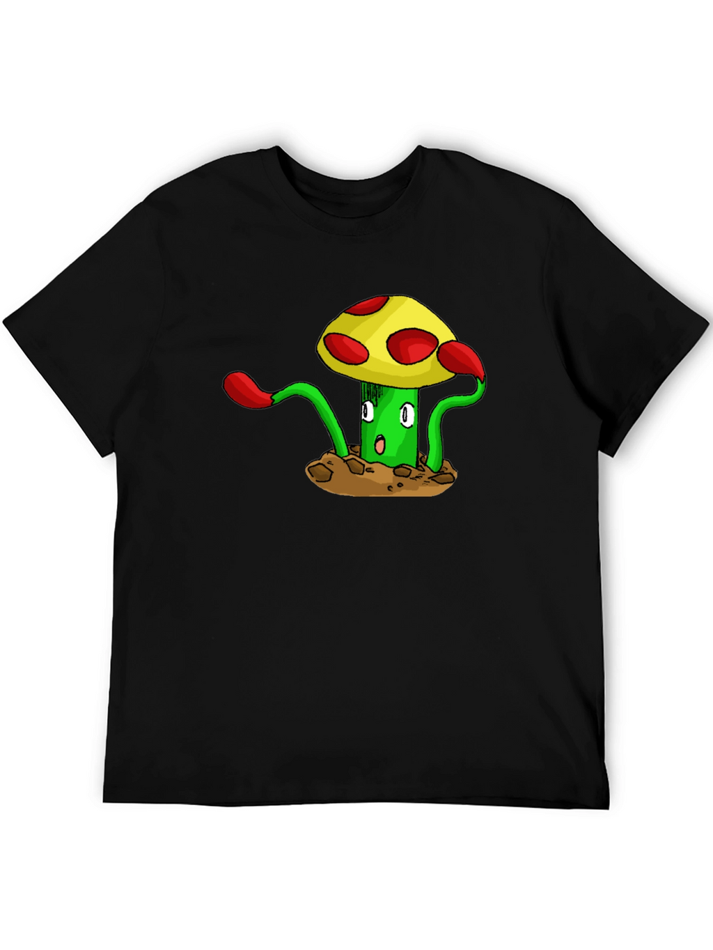 Funky Mushroom Graphic Tee - Black Cotton T-Shirt