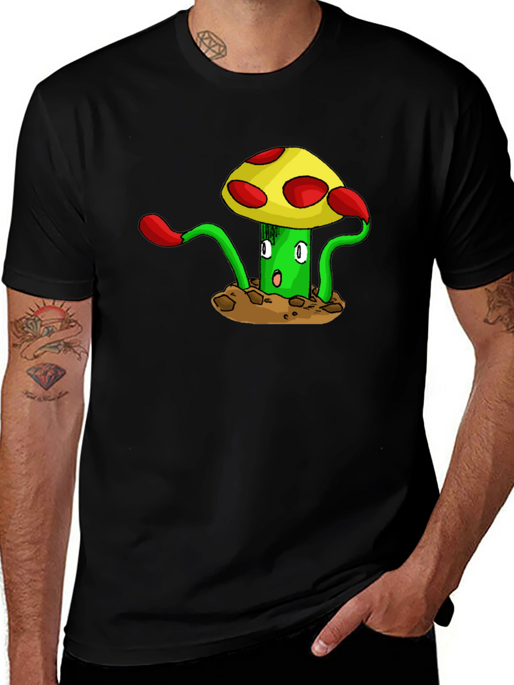 Funky Mushroom Graphic Tee - Black Cotton T-Shirt