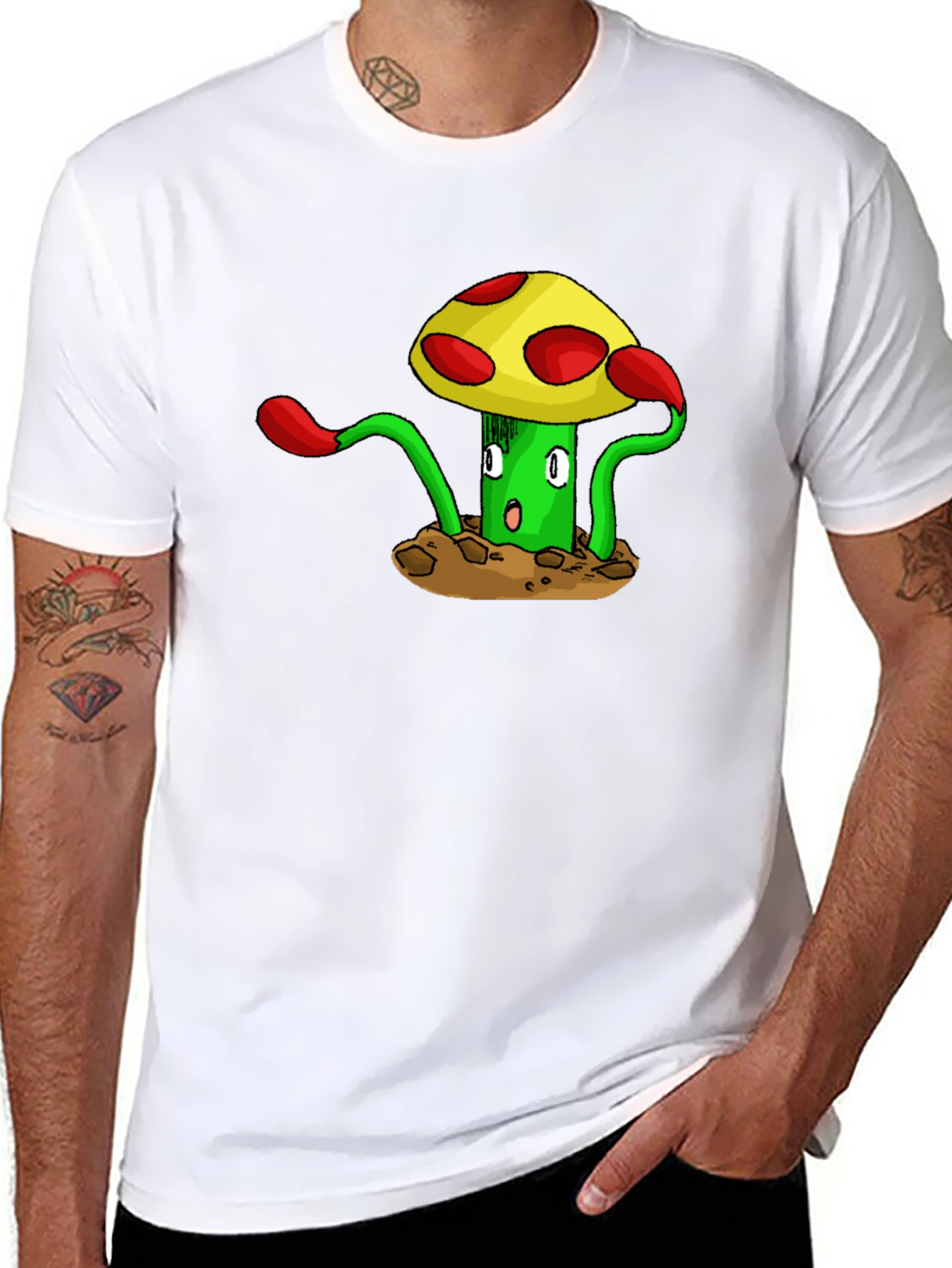 Funky Mushroom Graphic Tee - Black Cotton T-Shirt