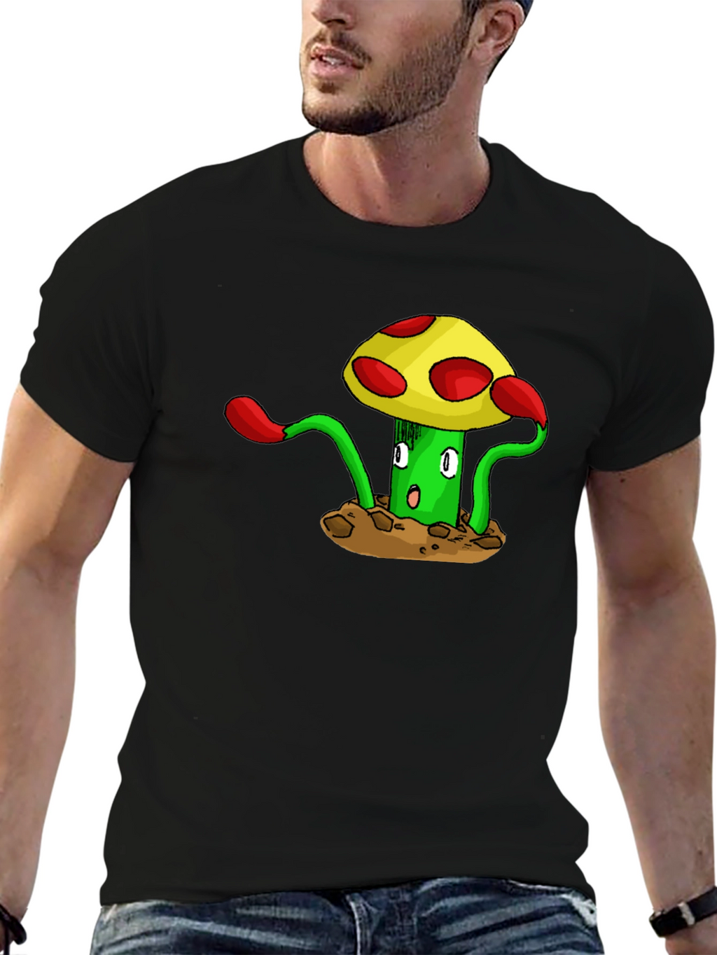Funky Mushroom Graphic Tee - Black Cotton T-Shirt
