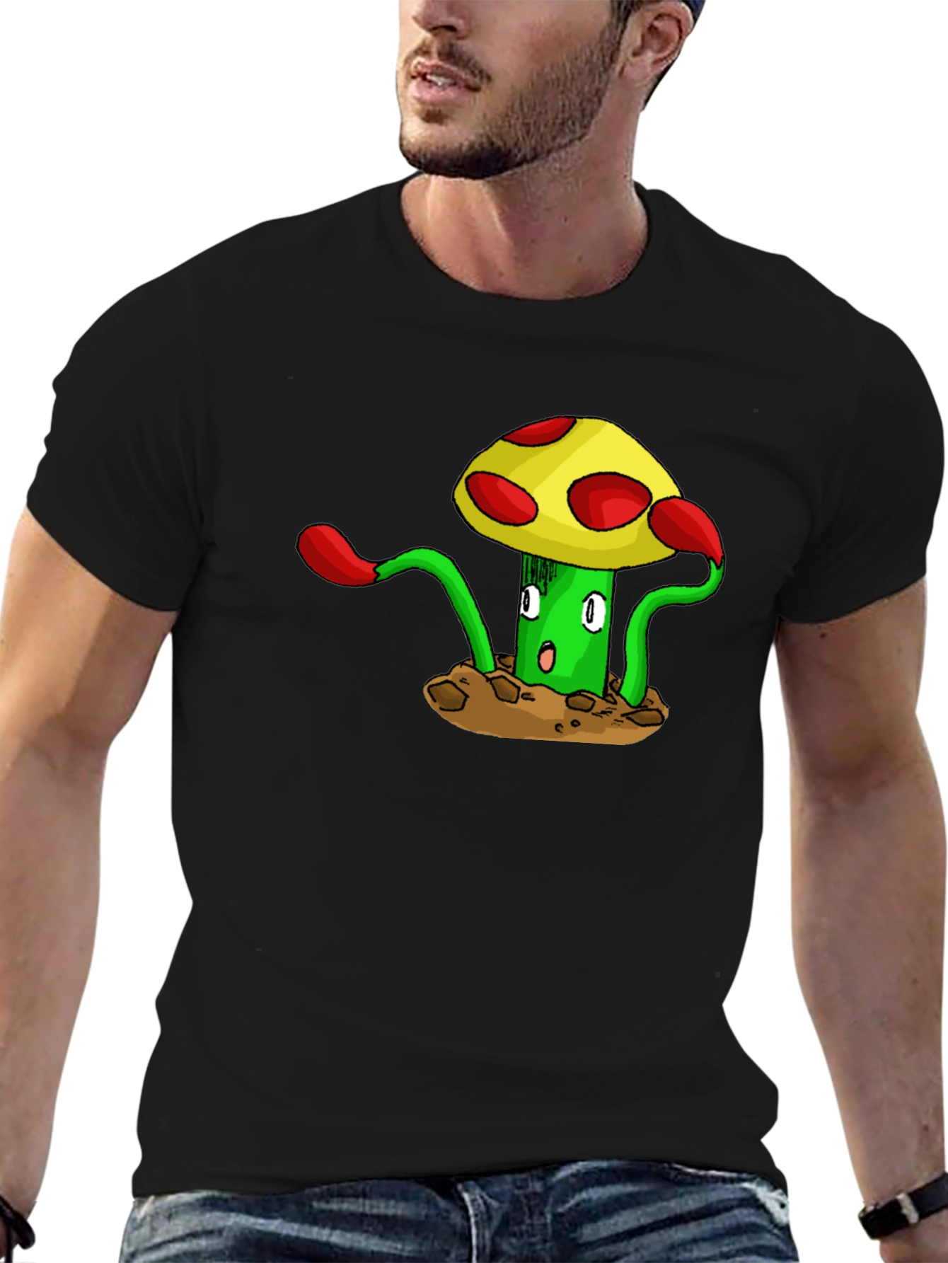 Funky Mushroom Graphic Tee - Black Cotton T-Shirt
