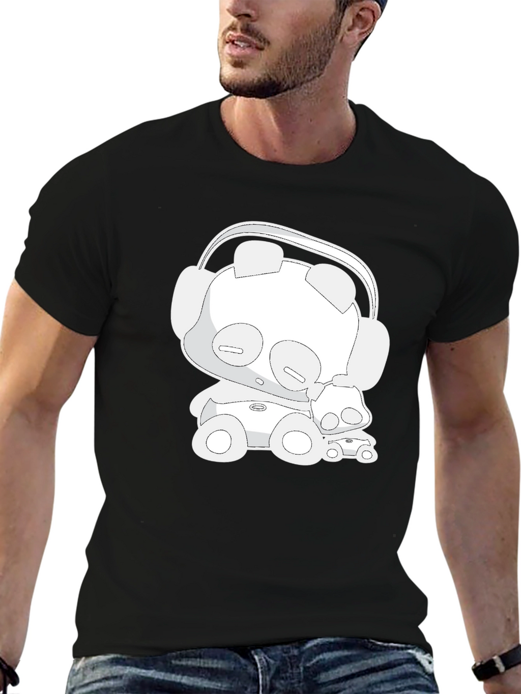 Cartoon Bear Headphones Black T-Shirt