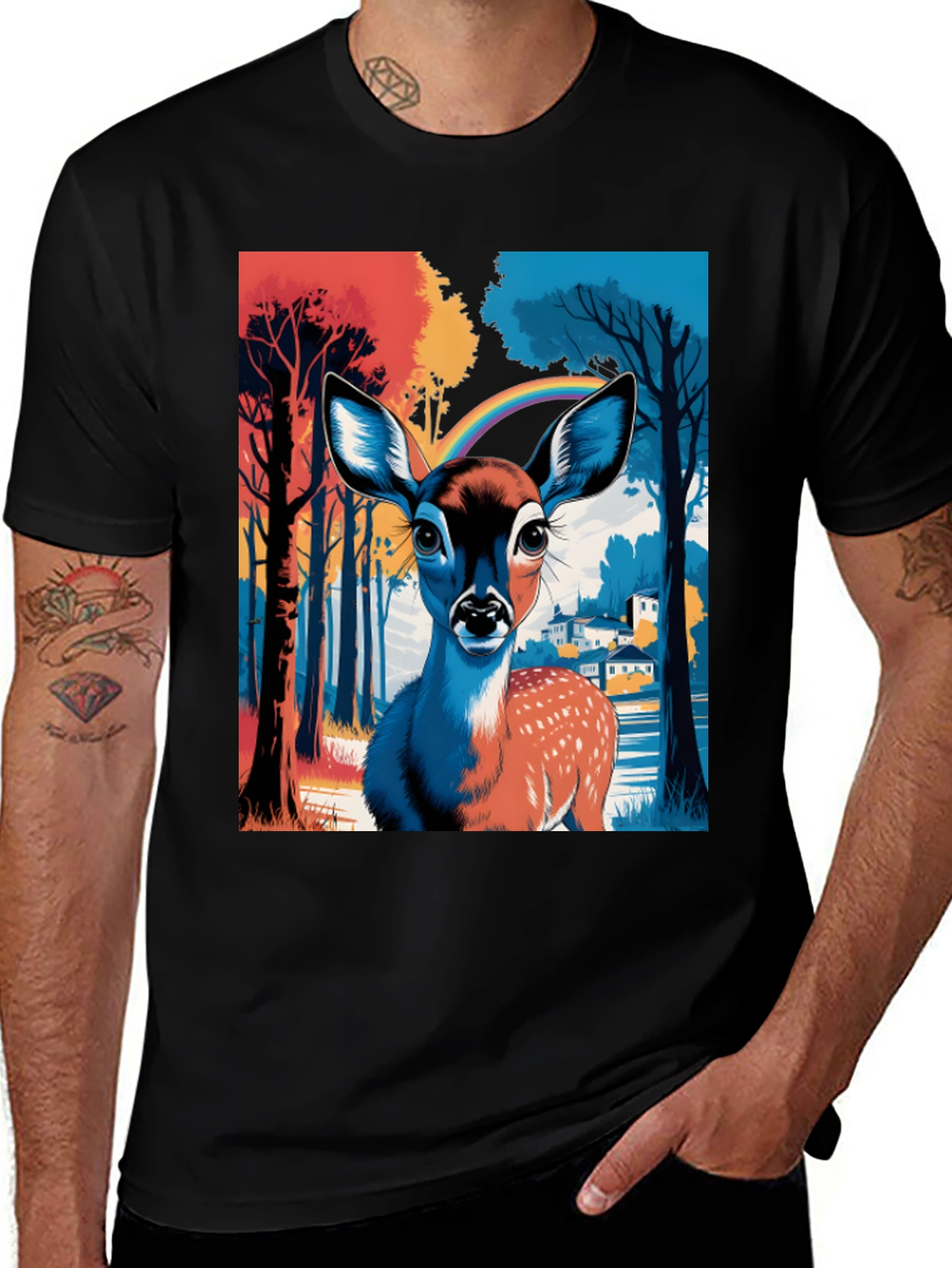 Deer in Forest Graphic Tee - Black Cotton T-Shirt