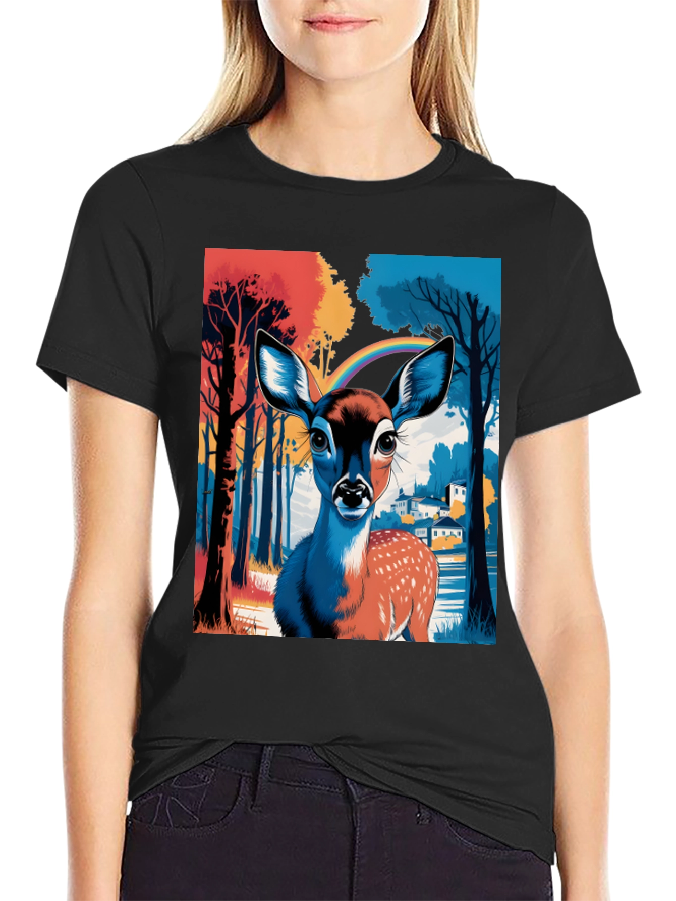 Deer in Forest Graphic Tee - Black Cotton T-Shirt