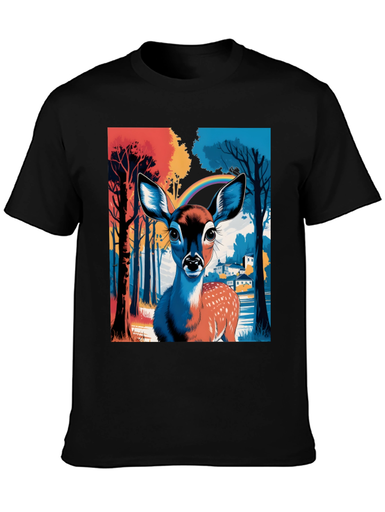 Deer in Forest Graphic Tee - Black Cotton T-Shirt