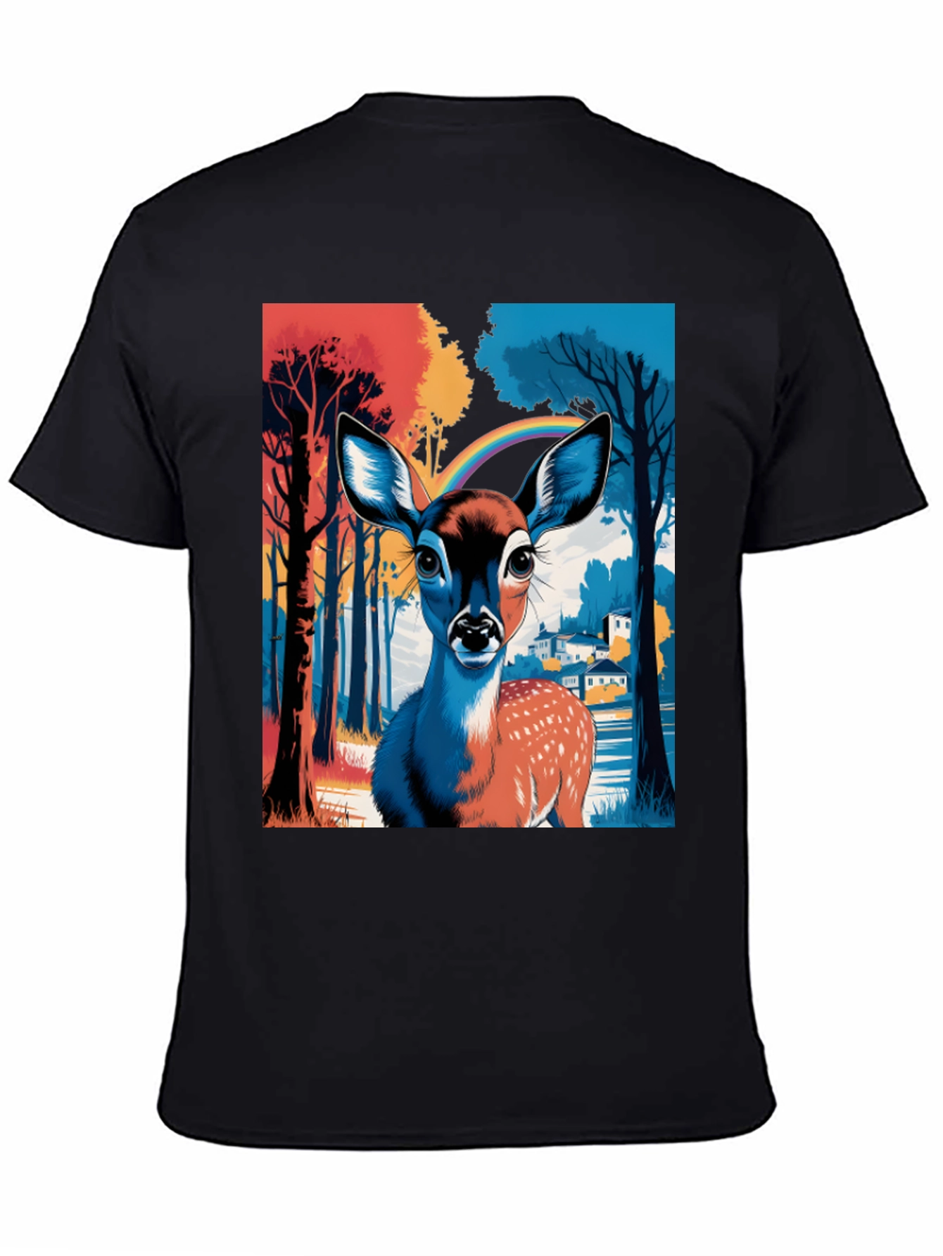 Deer in Forest Graphic Tee - Black Cotton T-Shirt