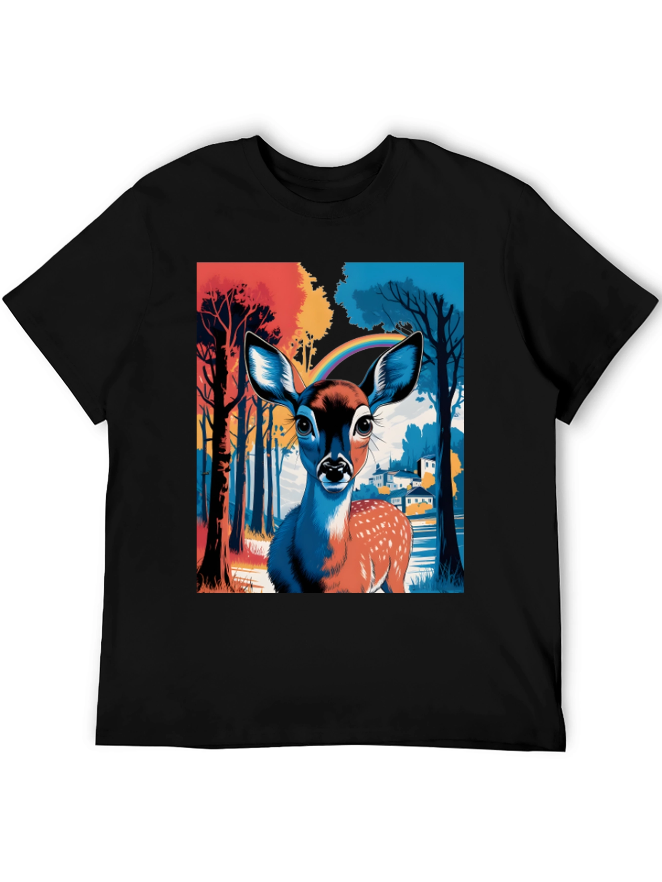 Deer in Forest Graphic Tee - Black Cotton T-Shirt