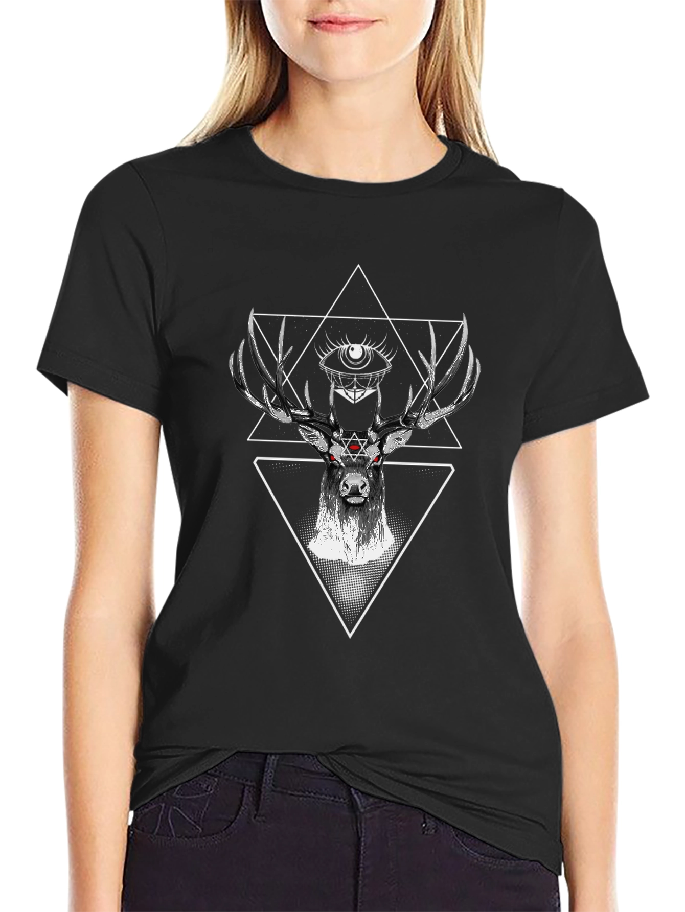Mystic Deer Black T-Shirt Geometric Design