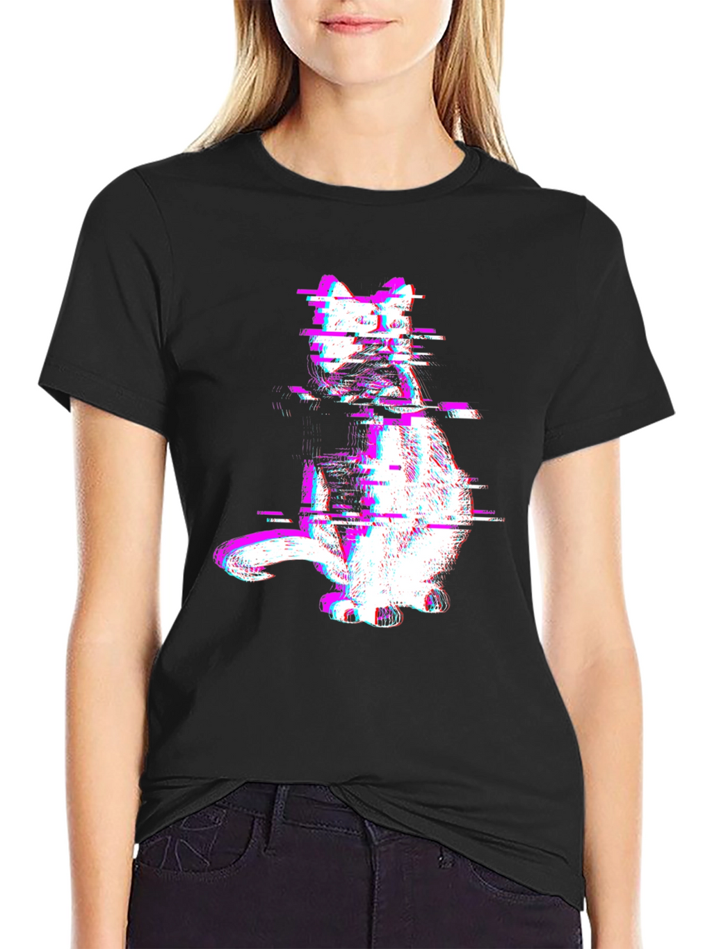 Glitch Cat Graphic Tee - Trendy Black T-Shirt