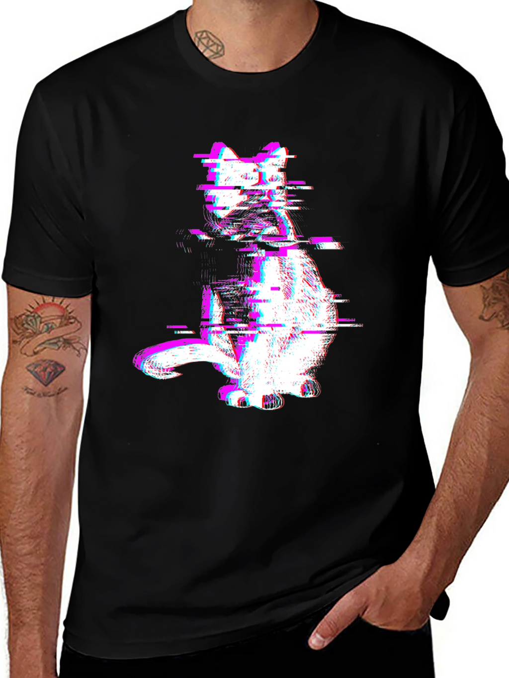 Glitch Cat Graphic Tee - Trendy Black T-Shirt