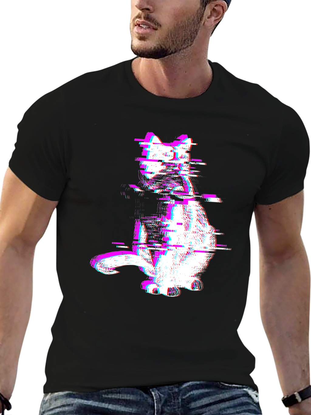 Glitch Cat Graphic Tee - Trendy Black T-Shirt