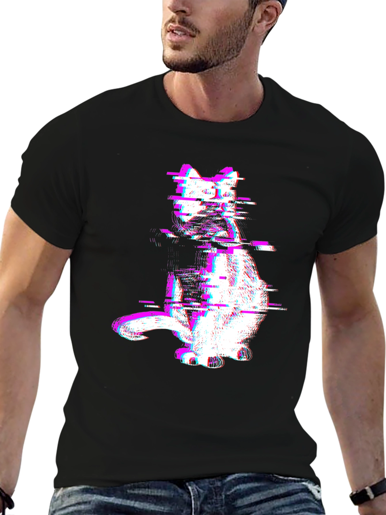 Glitch Cat Graphic Tee - Trendy Black T-Shirt