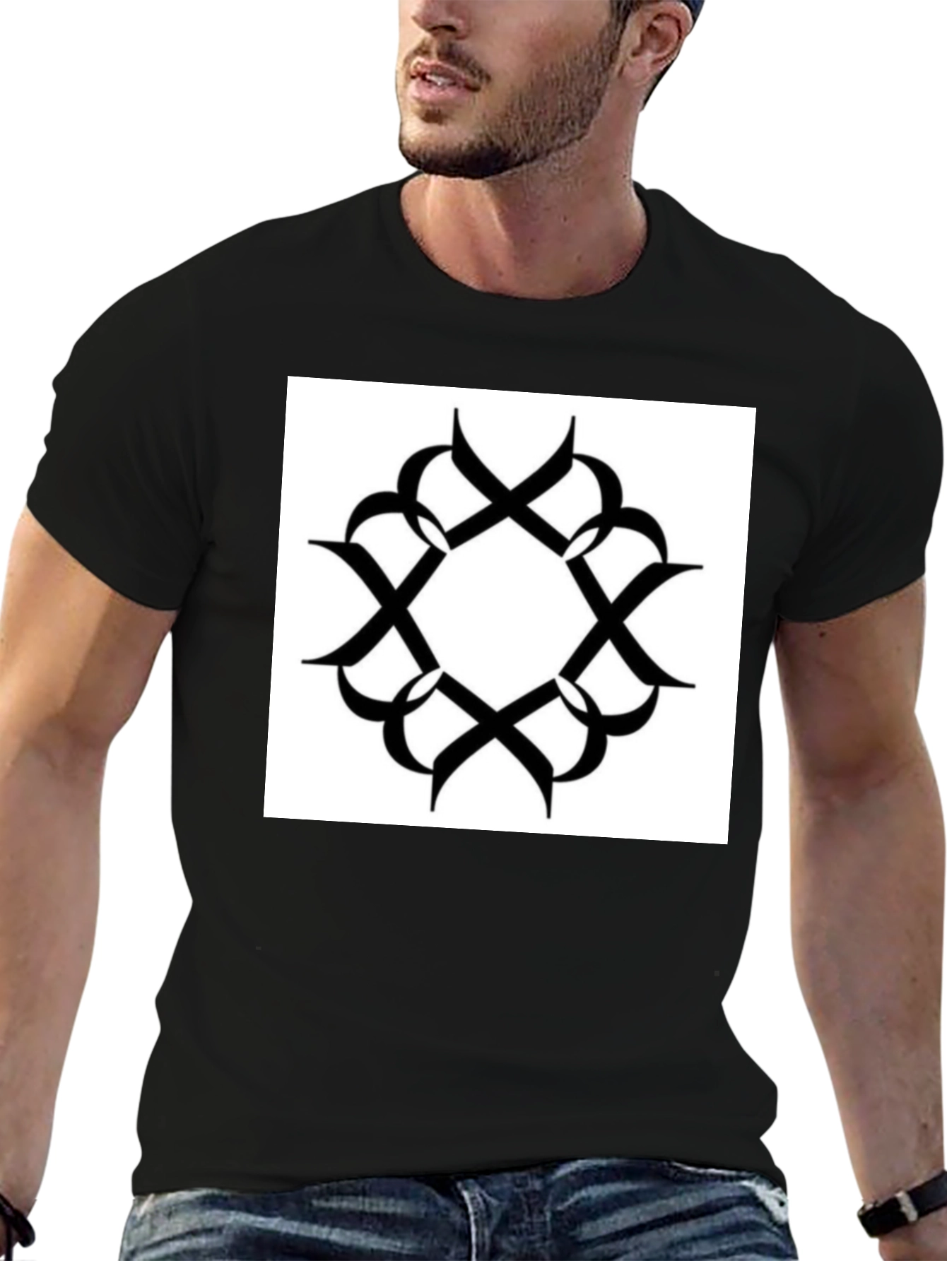 Black T-Shirt with Geometric Print