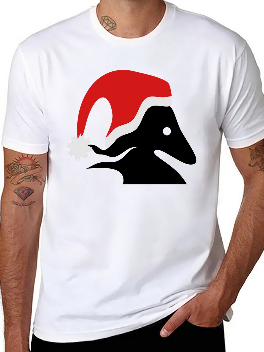 Festive Black T-Shirt with Santa Hat Design