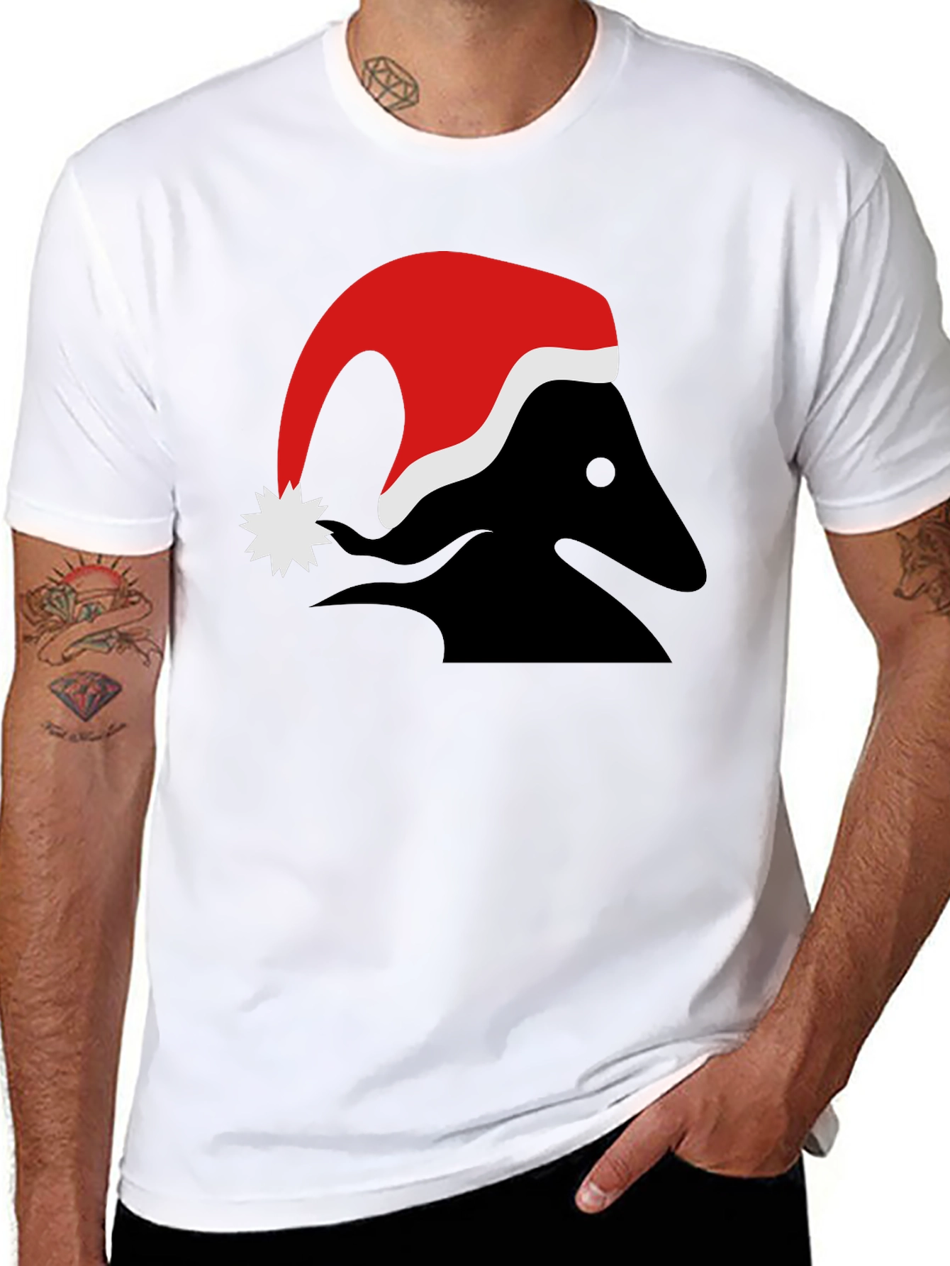 Festive Black T-Shirt with Santa Hat Design
