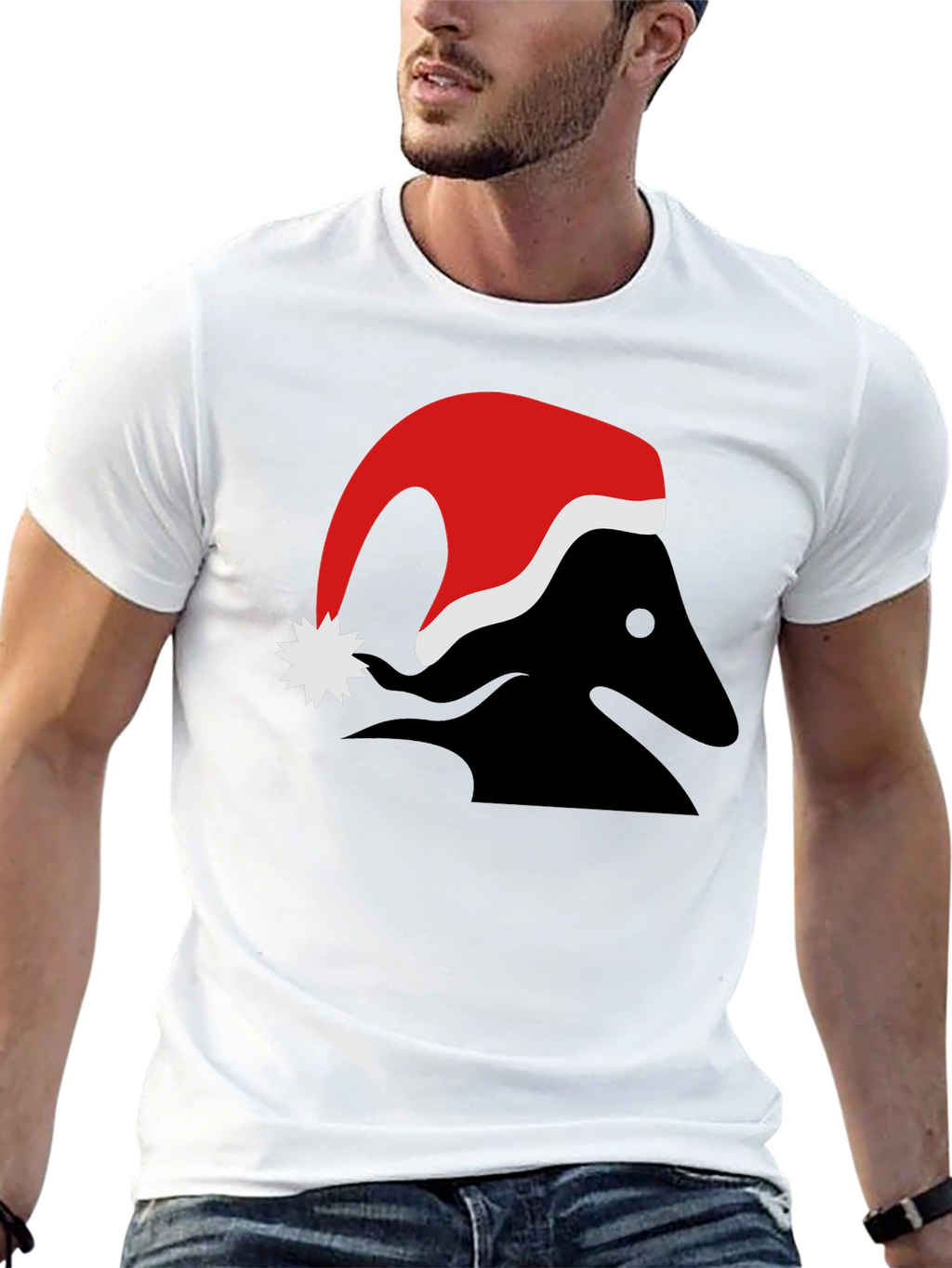 Festive Black T-Shirt with Santa Hat Design