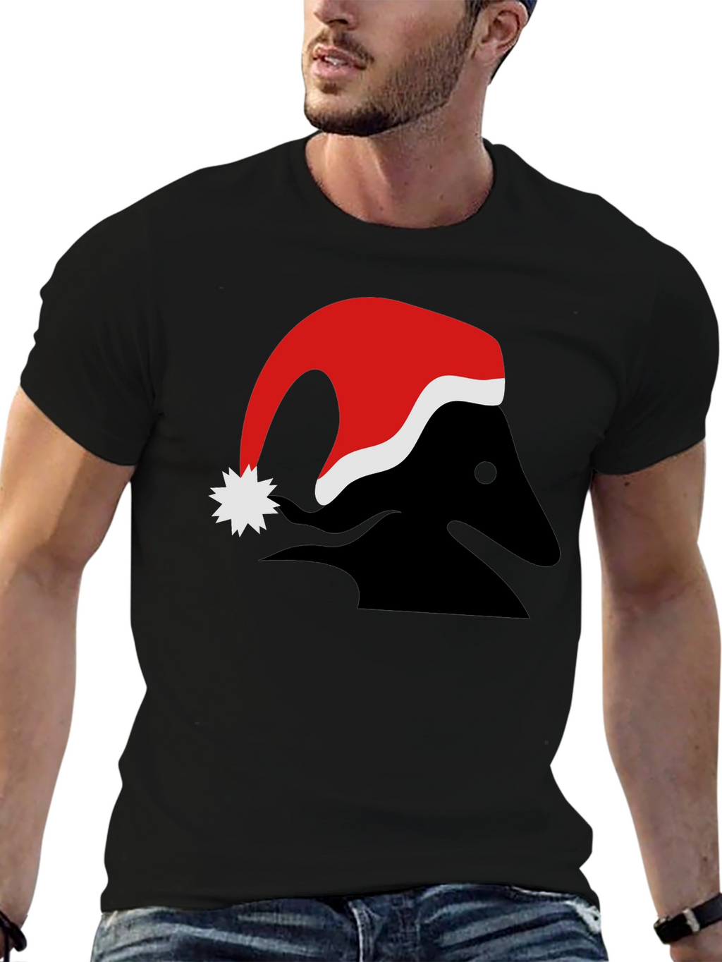 Festive Black T-Shirt with Santa Hat Design