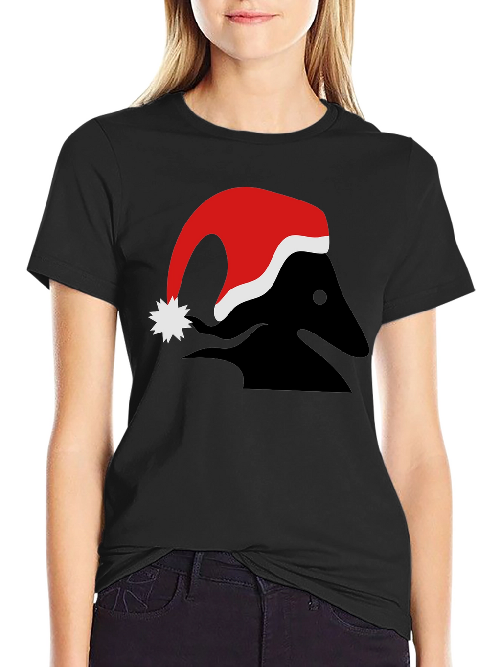 Festive Black T-Shirt with Santa Hat Design