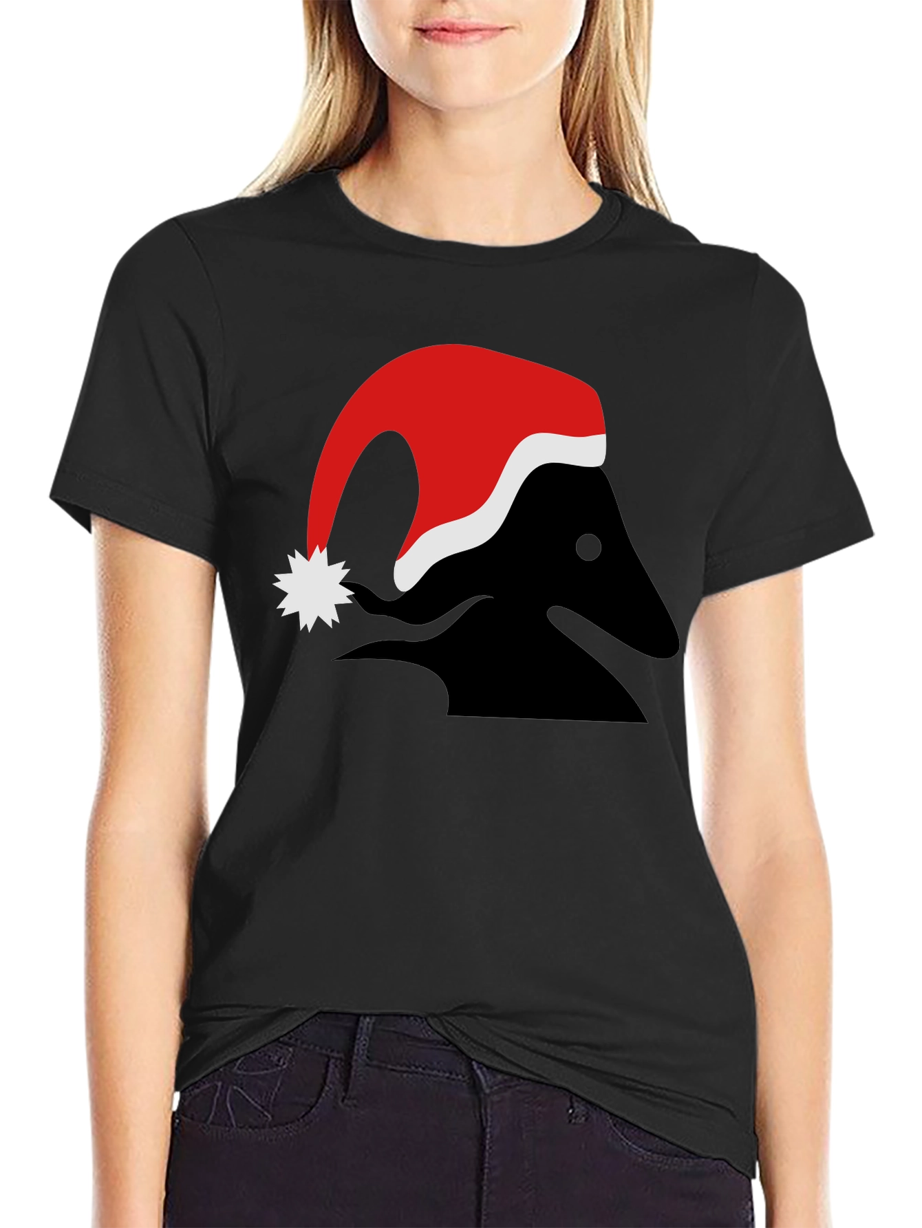 Festive Black T-Shirt with Santa Hat Design