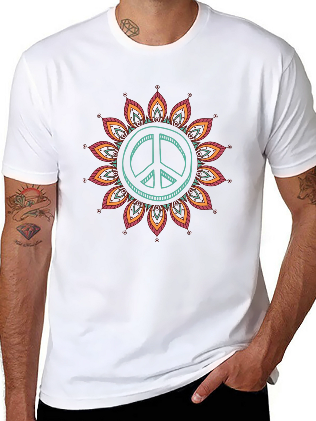 Peace Sign Mandala Graphic Tee - Black Cotton Blend