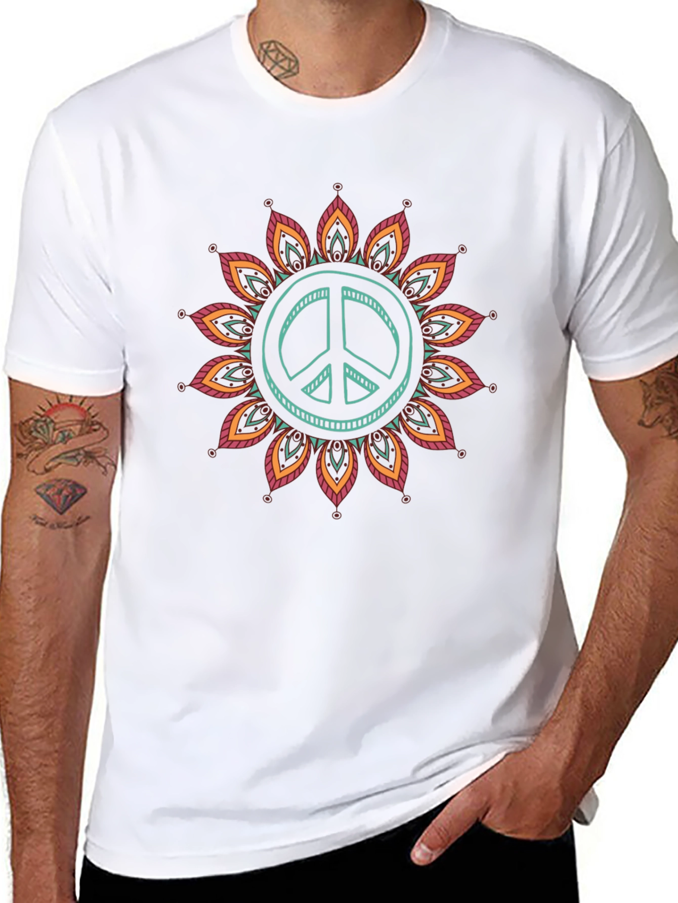 Peace Sign Mandala Graphic Tee - Black Cotton Blend