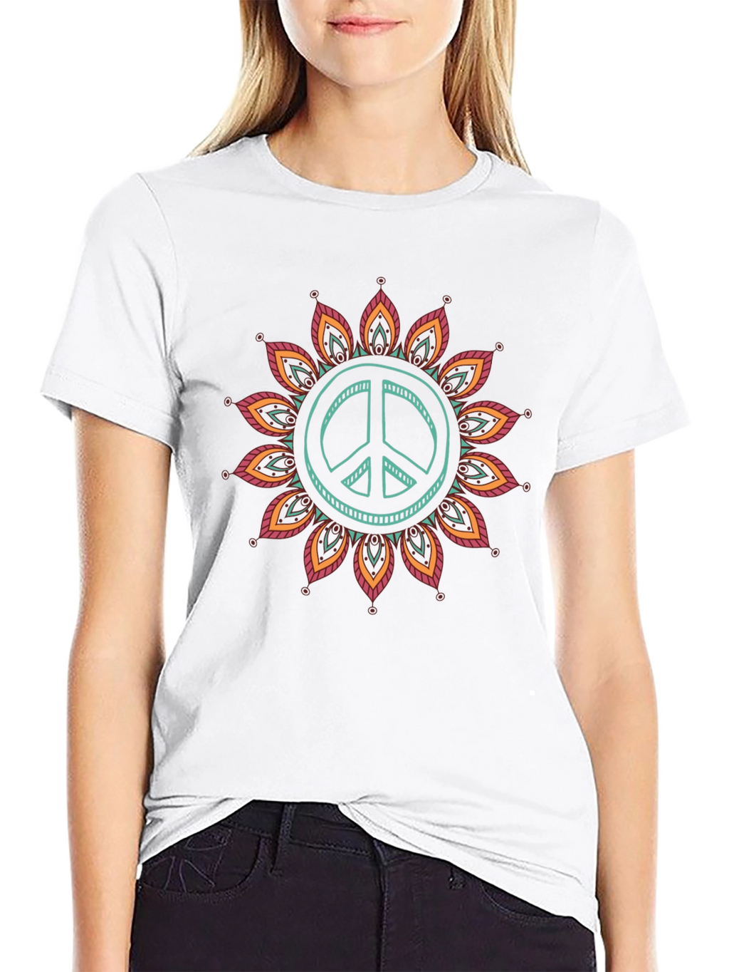 Peace Sign Mandala Graphic Tee - Black Cotton Blend