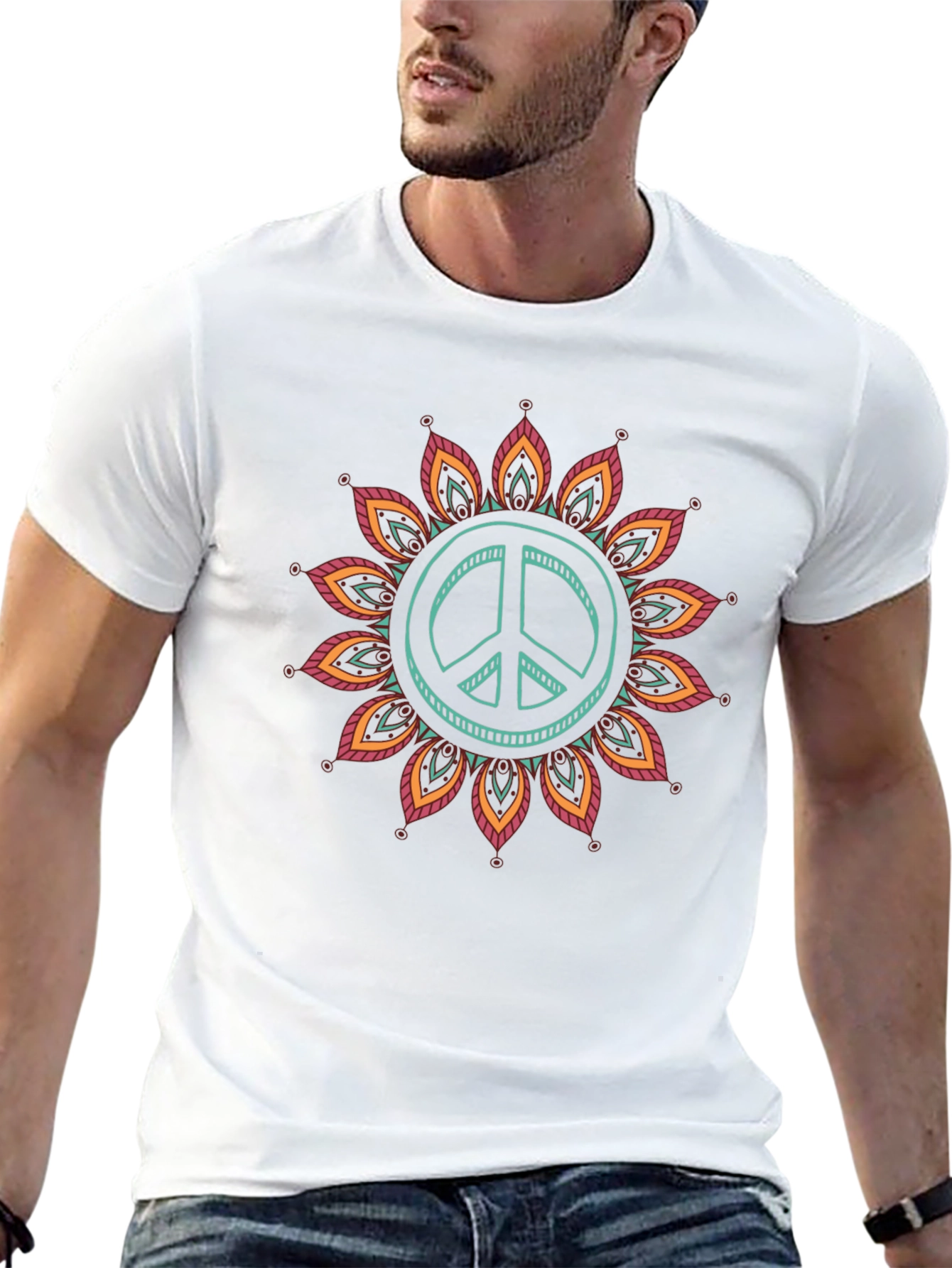 Peace Sign Mandala Graphic Tee - Black Cotton Blend