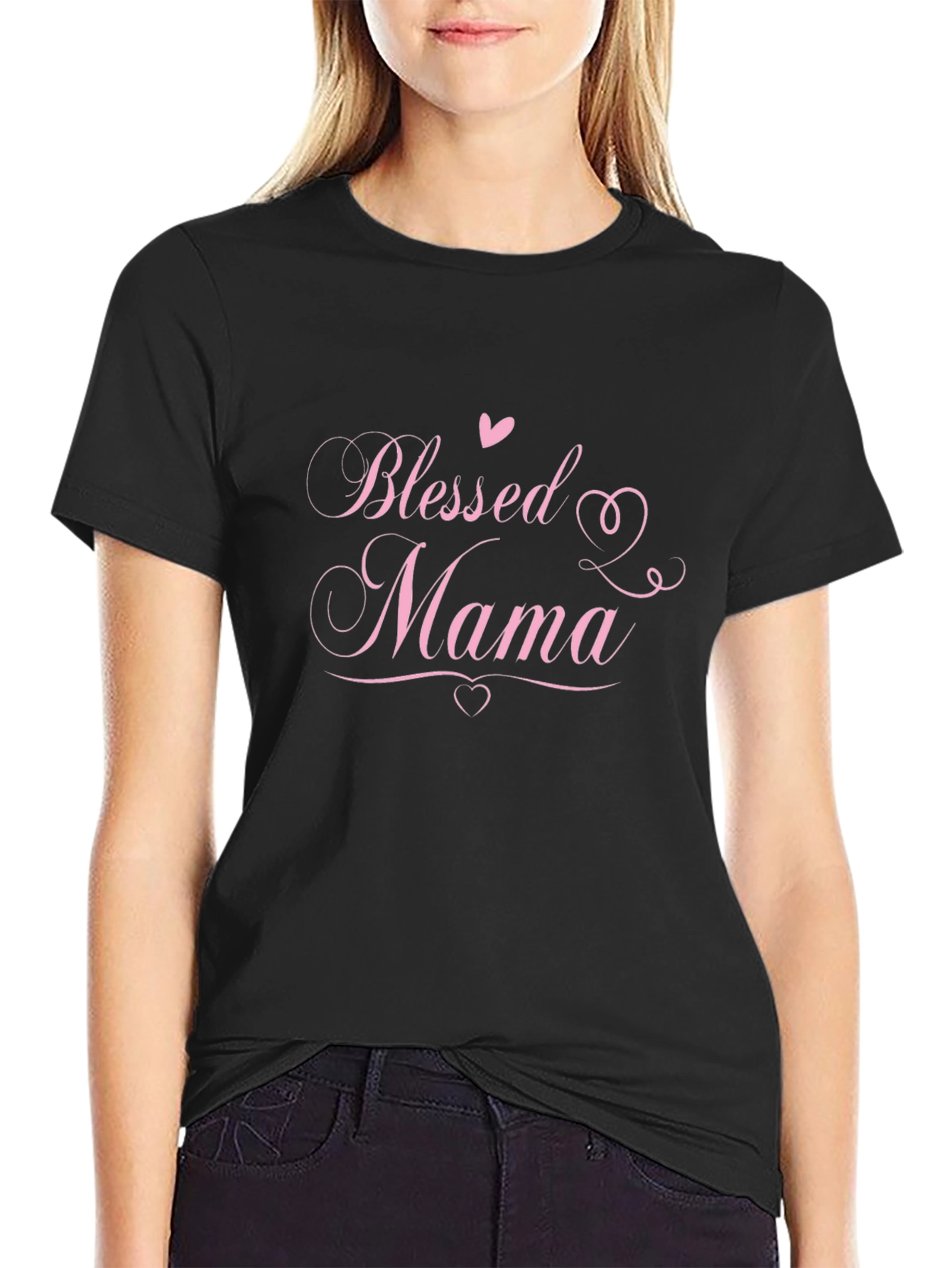Blessed Mama Graphic Tee - Pink Design on Black Shirt