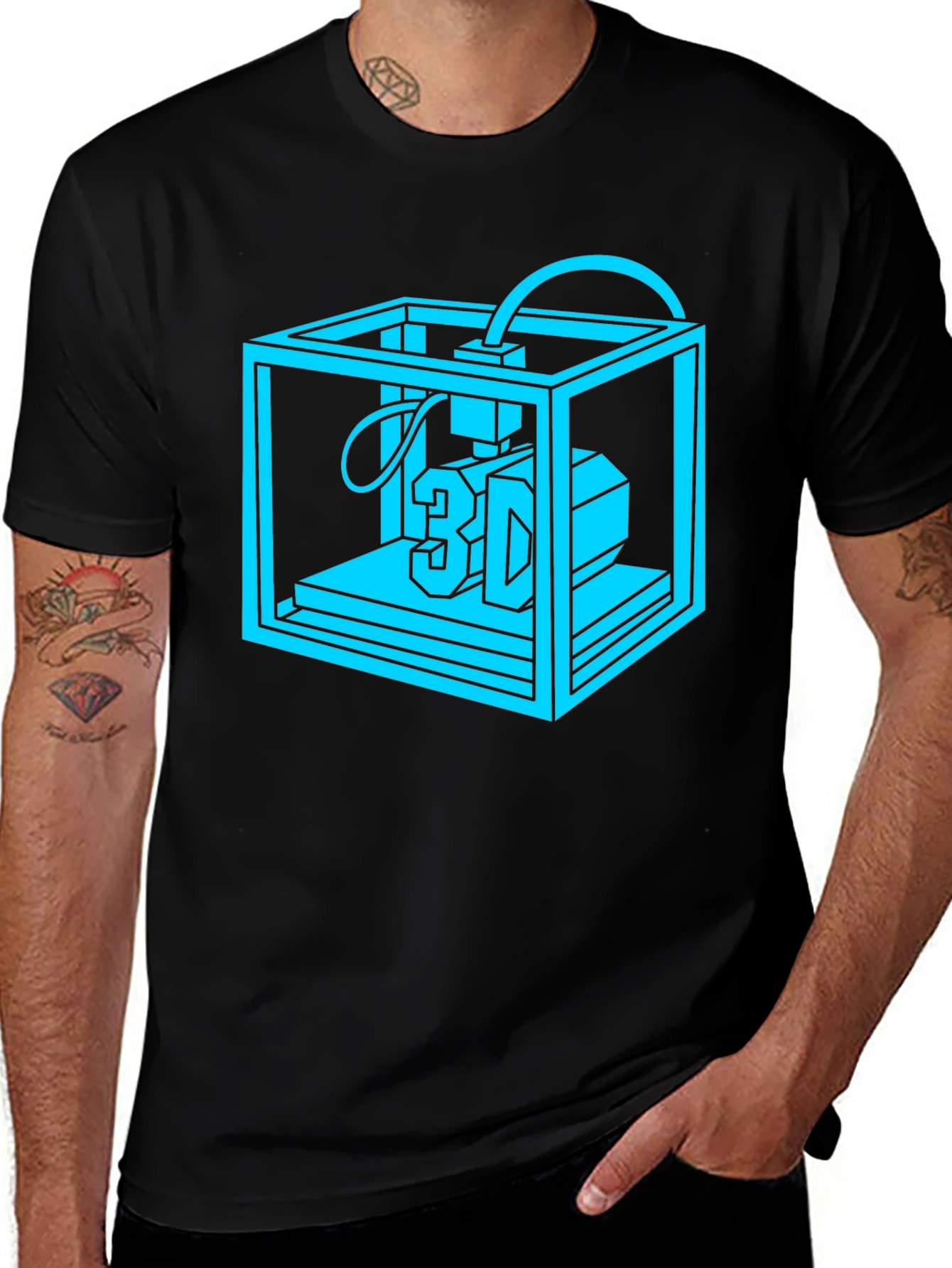 3D Printer Graphic Tee - Black Cotton Casual Shirt
