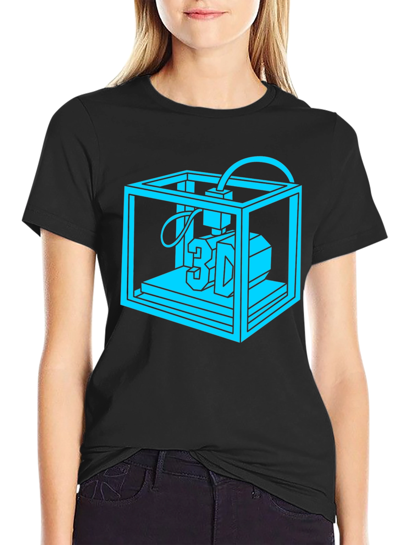3D Printer Graphic Tee - Black Cotton Casual Shirt